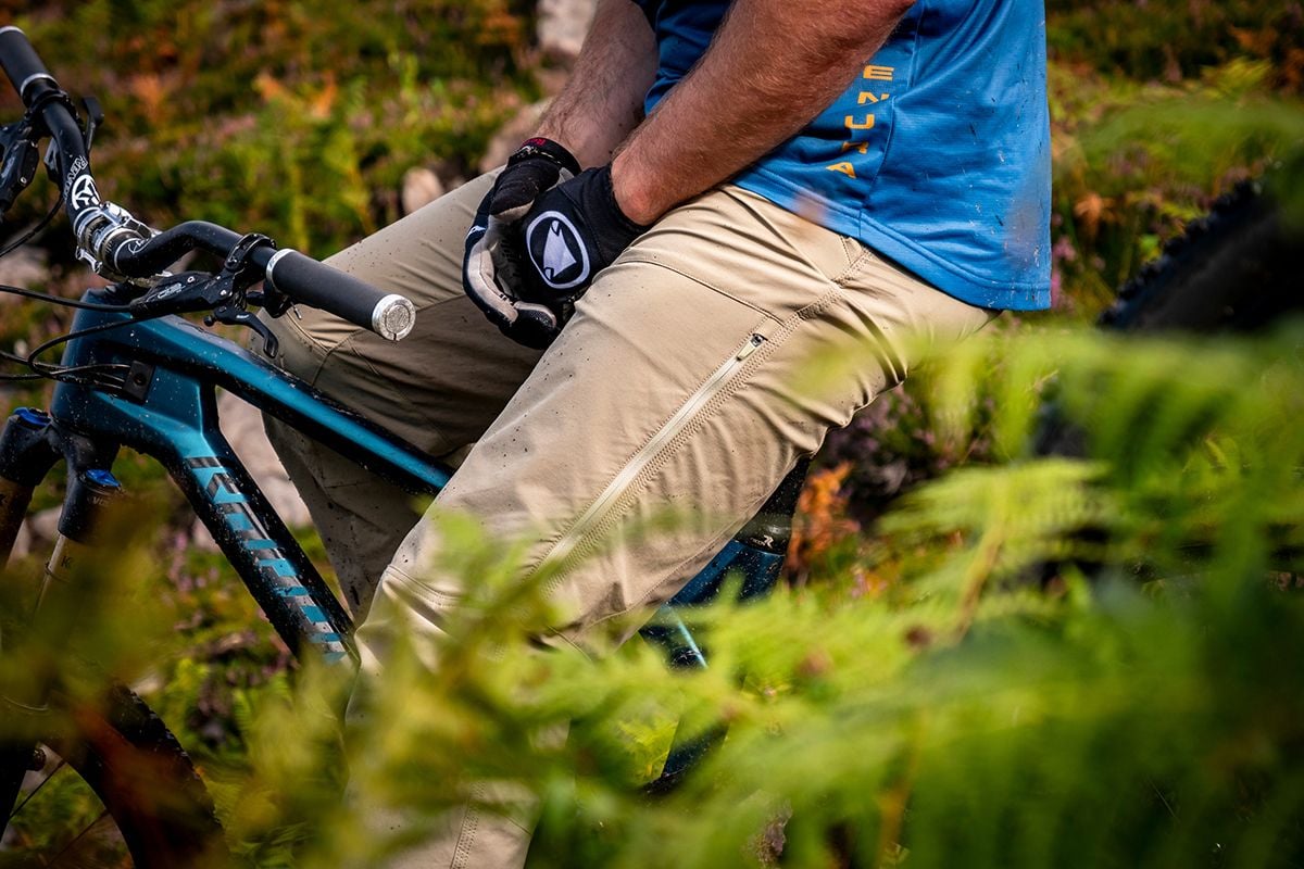 Detail view of off-road cycling shorts