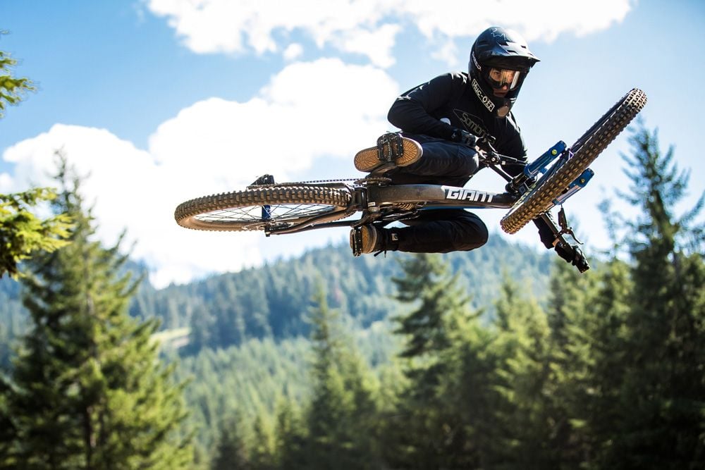 Mountain biker mid-air during a jump